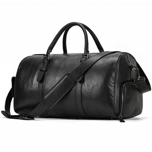 Black Genuine Leather Travel Duffle with Shoe Compartment, Top Layer Cowhide Cylindrical Gym Bag, Premium Top Handle Luggage for Men