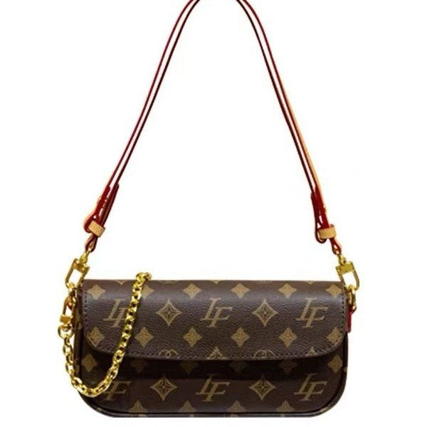 Genuine Leather Monogram Small Square Crossbody Bag for Women, New Spring Summer Classic Shoulder Top Handle Purse, Niche Designer Handbag for Ladies