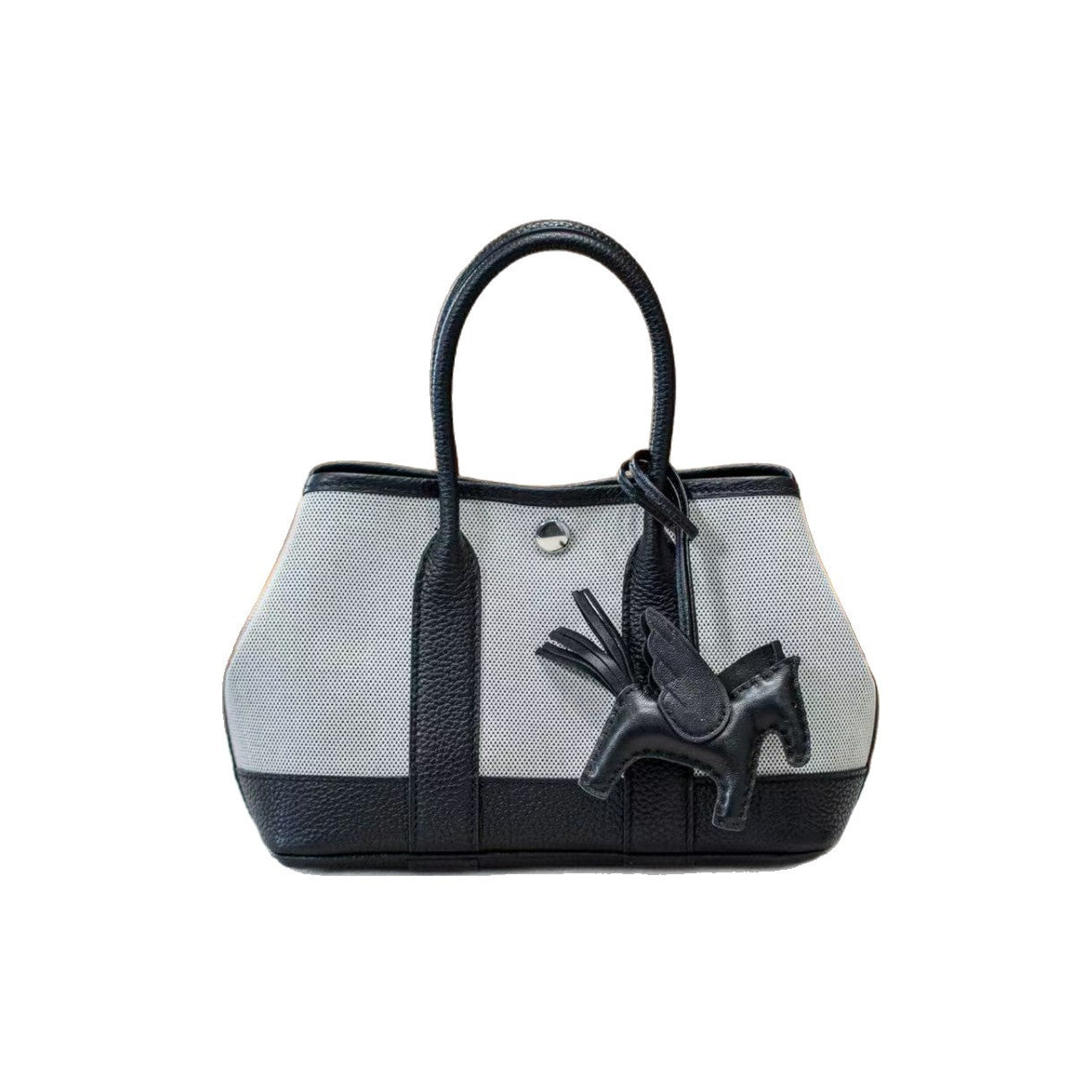 Women's Garden-Style Tote Bag 23cm, Hermès-Inspired Semi-Handmade Waxed Stitching Handbag, Panda-Inspired Design with Cowhide Leather & Canvas Contrast Patchwork, Trendy Shoulder Top-Handle Purse for Daily Use
