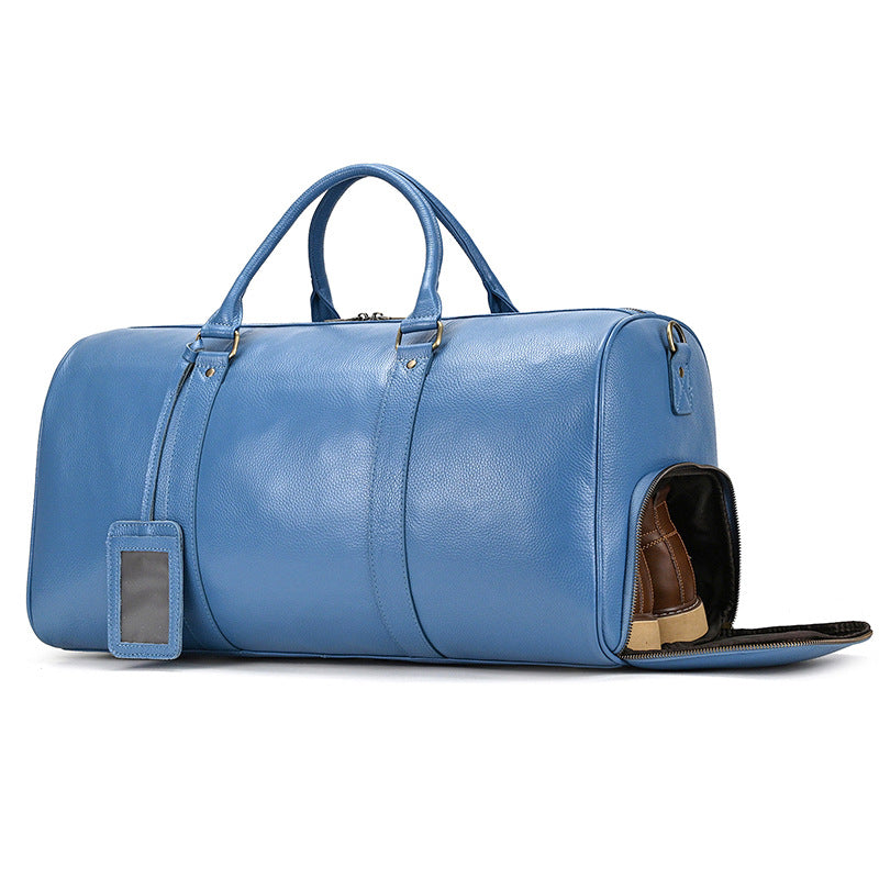 Blue Vintage Genuine Leather Travel Duffle, Large Capacity Gym Bag with Shoe Compartment, Shoulder Crossbody Weekender for Men and Women