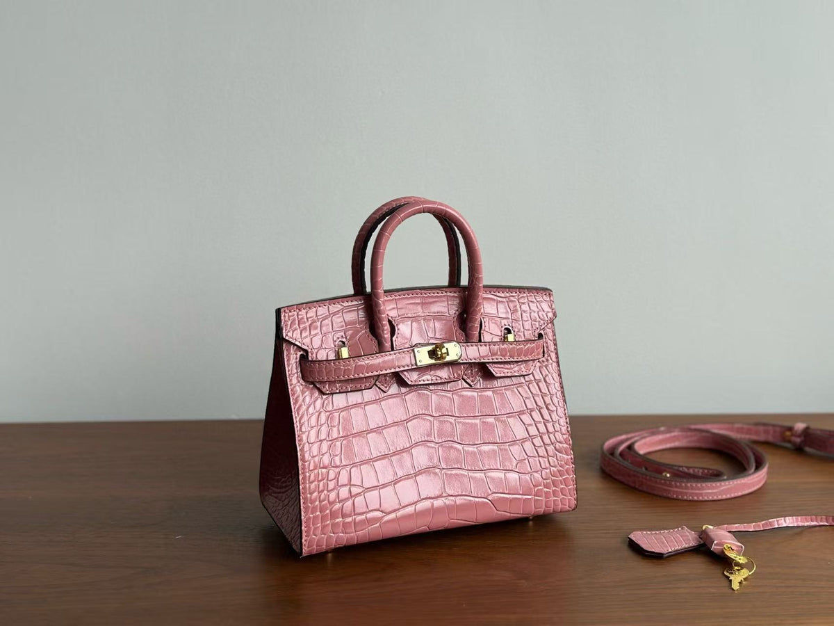 Genuine Top Layer Cowhide Matte Crocodile-Embossed Mini Birkin-Style Bag for Women, Semi-Handmade External Stitching Top Handle Purse, New Premium Handbag for Ladies