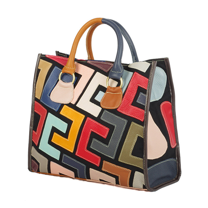 Genuine Leather Women's Tote Bag, Ethnic Style Colorful Contrast Color Design, Large Capacity Top Handle Handbag for Women