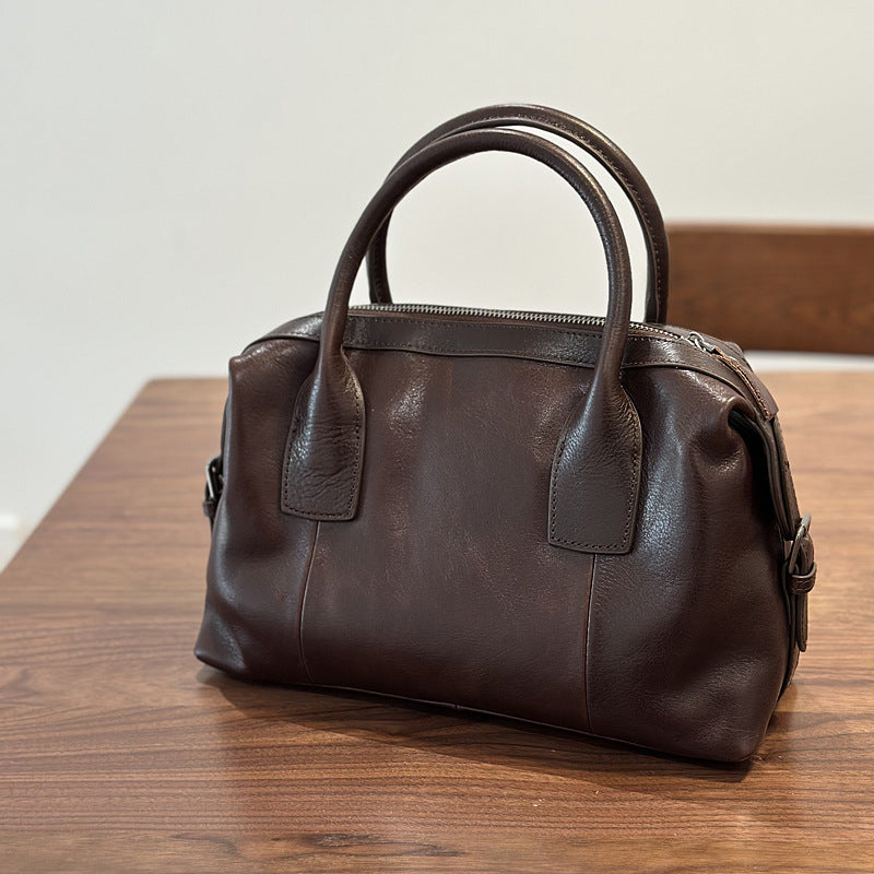 Genuine Top Layer Vegetable-Tanned Cowhide Boston Bag for Women, Minimalist Vintage Shoulder Crossbody Top Handle Purse, Fashionable Commute Handbag for Ladies
