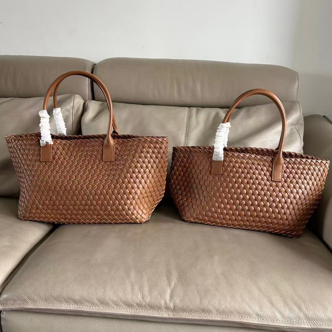 Premium Genuine Leather Woven Basket Tote Bag for Women | New Large-Capacity 2-in-1 Tote with Detachable Matching Pouch | Niche Designer Shoulder Handbag with Unique Artisan Woven Detail | Trendy Spacious Carryall for Work, Errands, Travel & Everyday