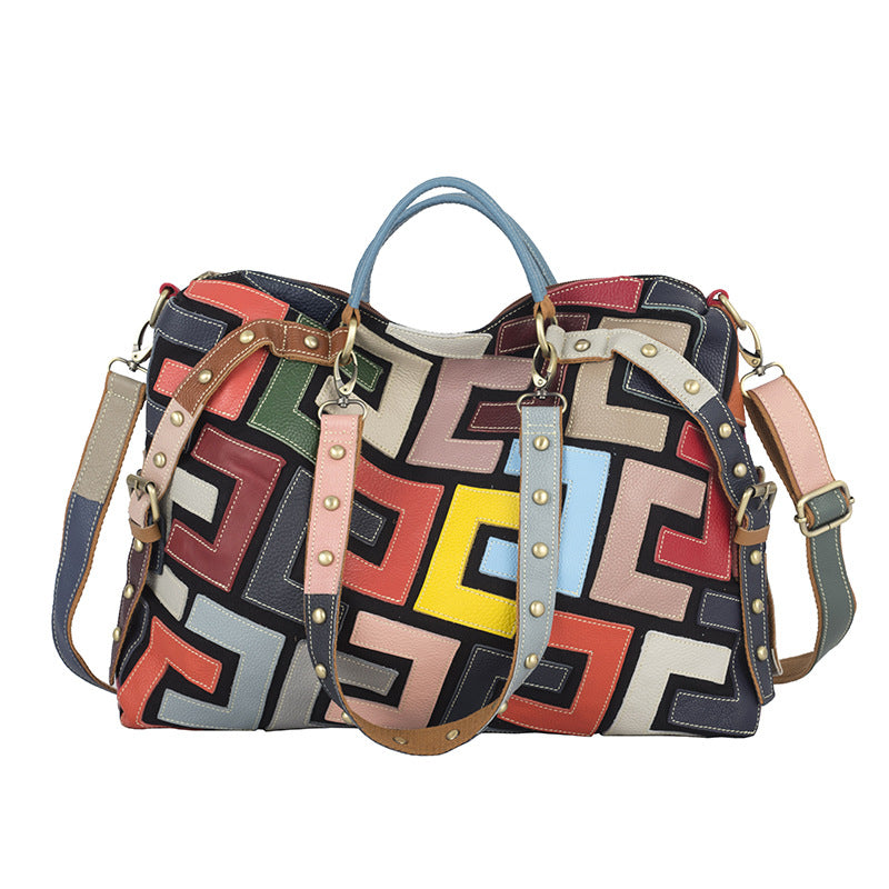 Genuine Leather Ethnic Geometric Color Block Handbag for Women, New Arrival Top Handle Shoulder Crossbody Purse, Trendy Designer Bag for Ladies
