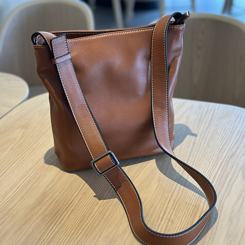 Genuine Soft Cowhide Bucket Bag for Women, New Japanese Casual Vintage Shoulder Crossbody Purse, Versatile Everyday Handbag for Ladies
