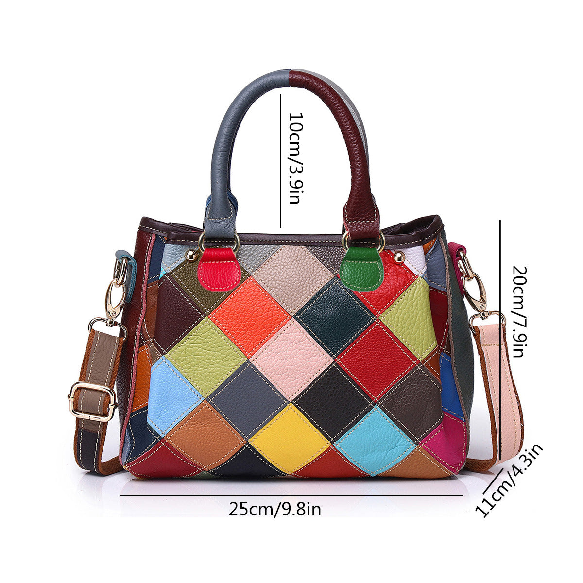 Genuine Leather Random Color Block Diamond Quilted Handbag for Women, Casual Trendy Shell Crossbody Shoulder Bag, Contrast Color Top Handle Purse for Ladies
