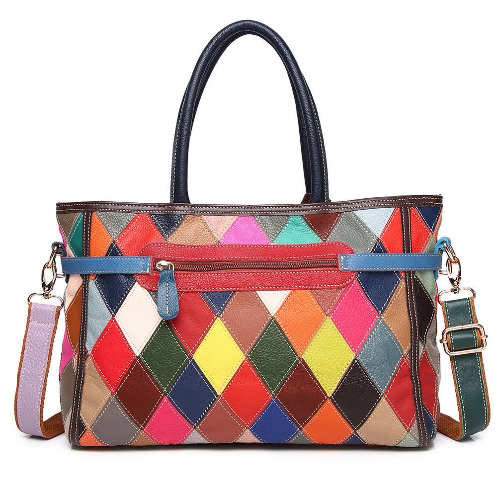 Genuine Top Layer Cowhide Color Block Handbag for Women, Vintage Platinum-Style Crossbody Top Handle Purse, New Arrival Designer Shoulder Bag