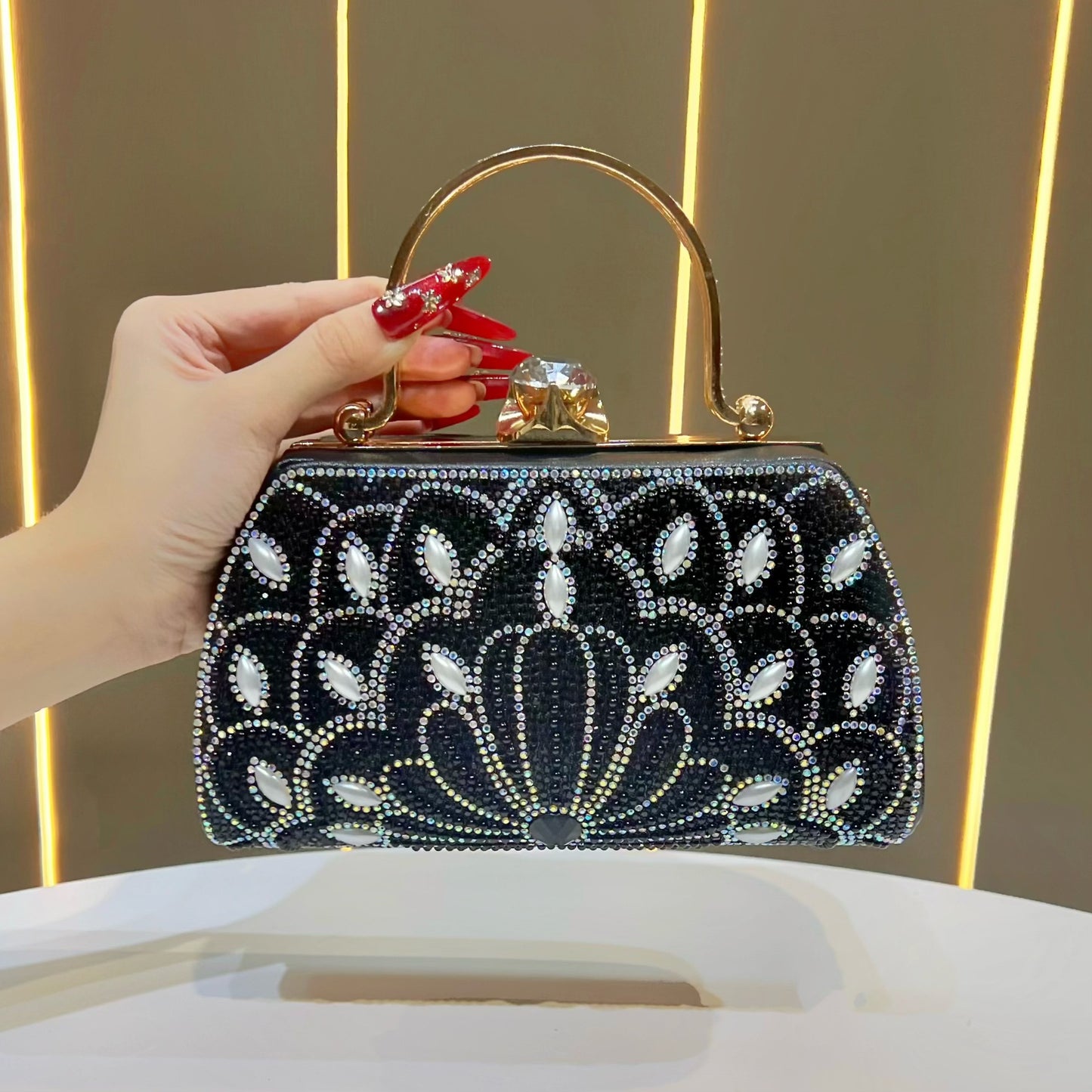 Women's Rhinestone-Embellished Evening Clutch, Light Luxury Crystal Top-Handle Crossbody Bag for Formal Dress, Sparkly Purse