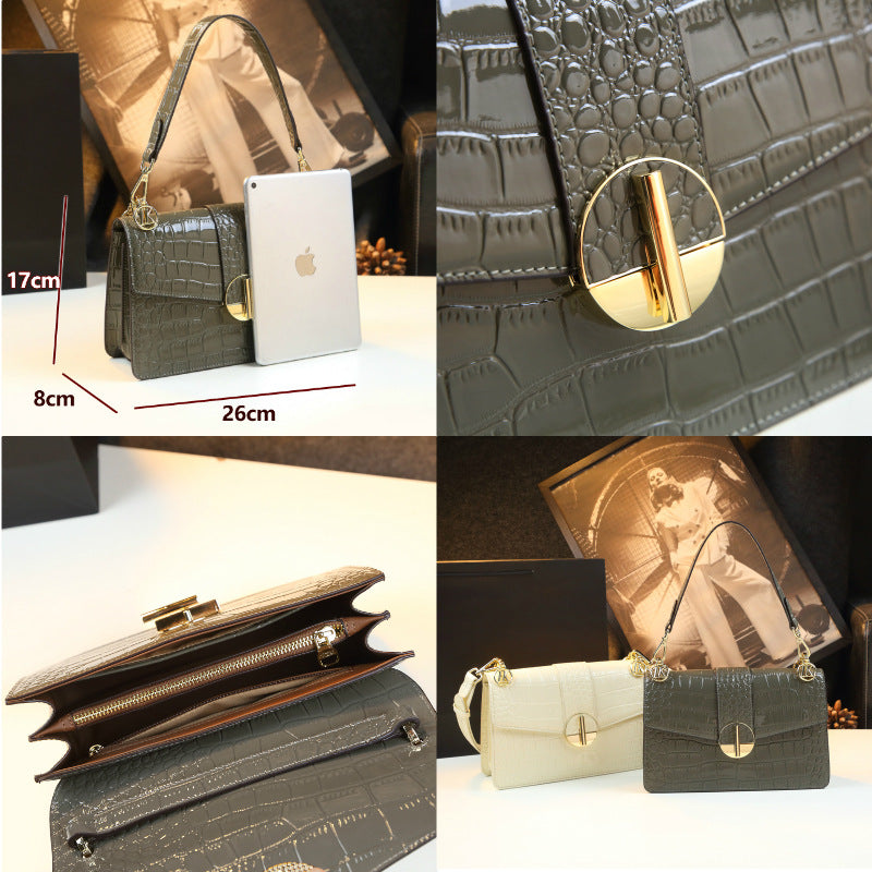New Arrival Croc-Effect Genuine Leather Small Square Bag for Women, A Patent Leather Top-Handle Crossbody Shoulder Handbag with Fashionable Stylish Design