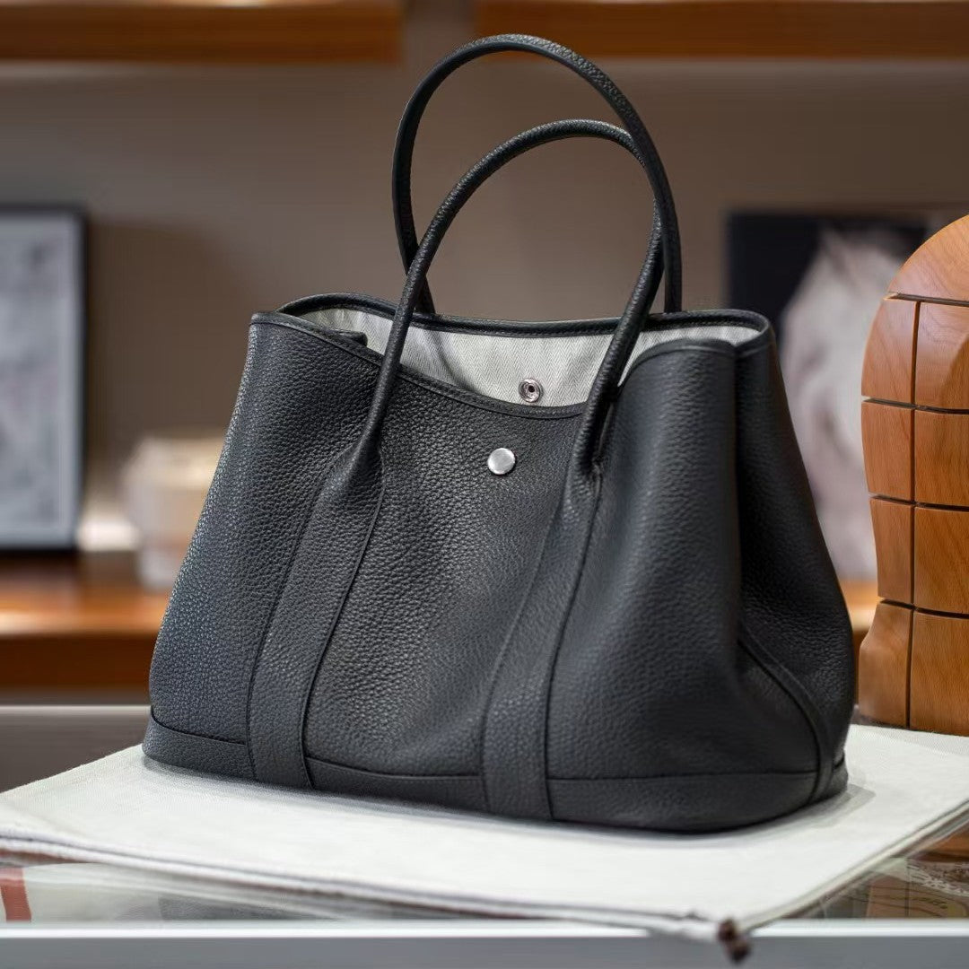 Genuine Togo Leather Garden Tote Bag for Women, New Spring Fashionable Small Top Handle Handbag, Hermès-Style Trendy Purse for Ladies