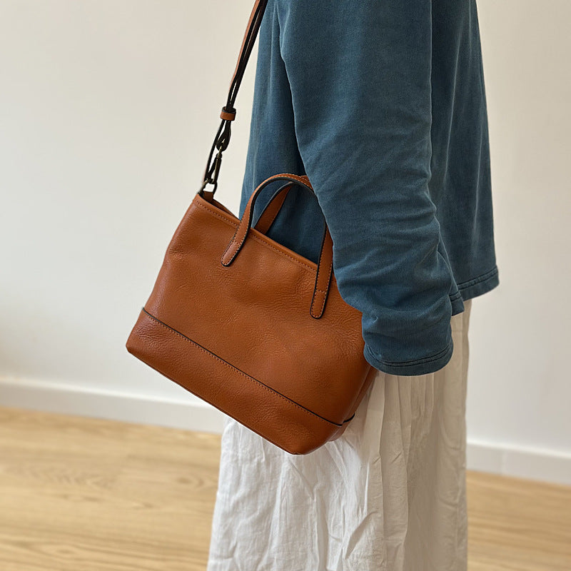 Genuine Top Layer Cowhide Tote Bag for Women, Spring Summer Solid Color Commute Shoulder Crossbody Handbag, Versatile Everyday Purse for Ladies