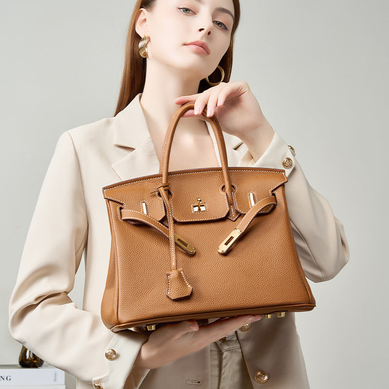 Handcrafted Waxed Thread Birkin-Inspired Tote Bag for Women, Top-Layer Pebbled Cowhide Leather with Elegant Turn-Lock Closure, Premium Everyday Handbag