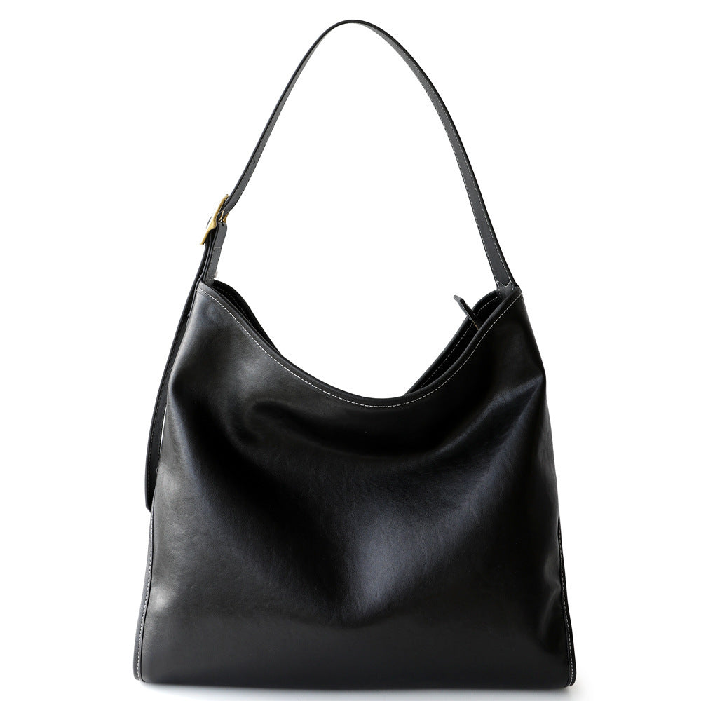 Vegetable-Tanned Cowhide Tote Bag for Women Vintage Large Capacity Commuter Shoulder Handbag, Niche Leather Purse with Natural Patina