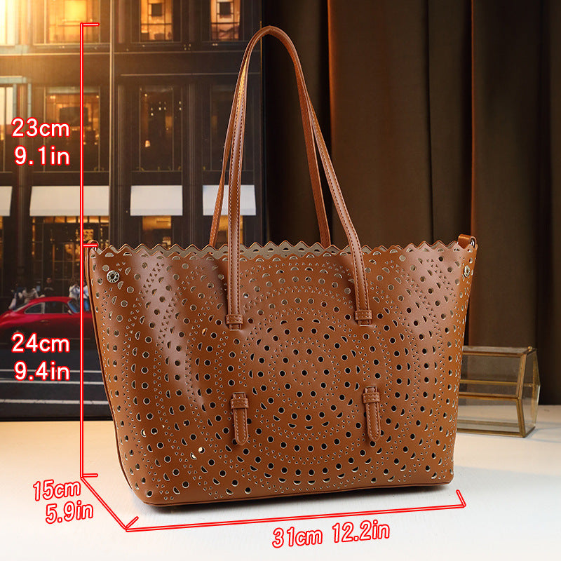 Laser Perforated Letter Tote Bag for Women Vintage Large Capacity Shoulder Crossbody Handbag, Artistic Hollow Carved Design with Versatile Style