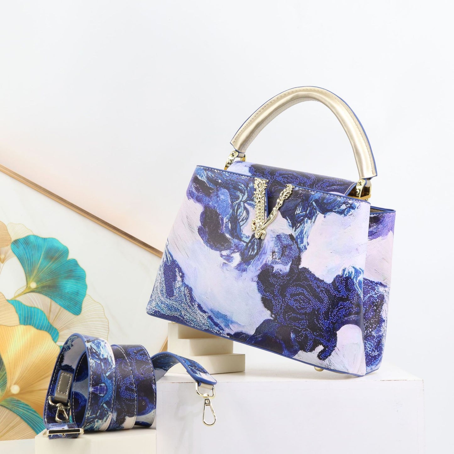 Genuine Leather Fashionable Printed Handbag, Top Handle Crossbody Purse for Ladies