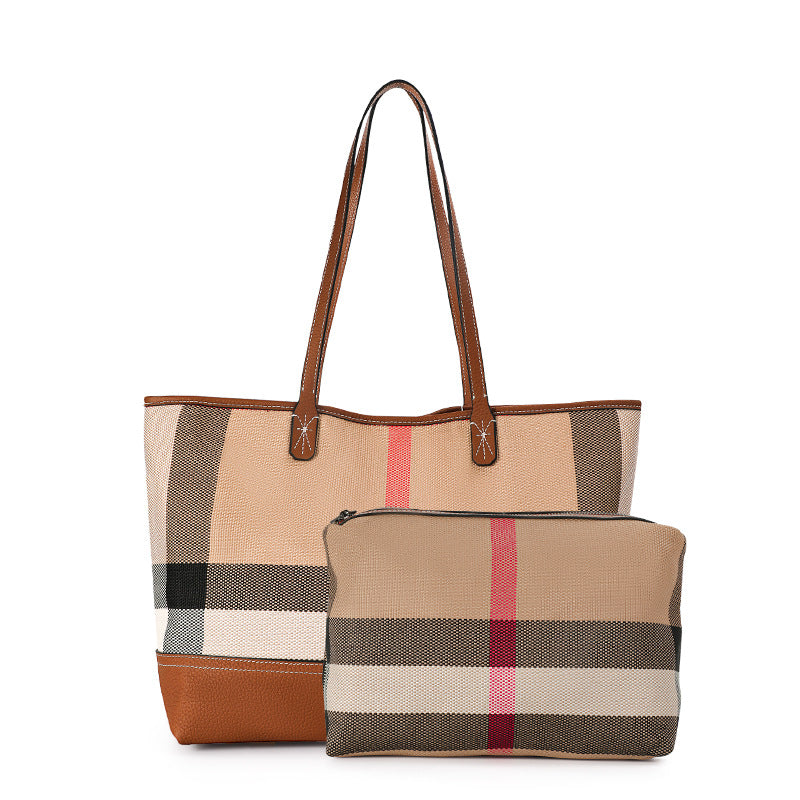 New Large Capacity Plaid Canvas Tote Bag with Leather Trim, Fashionable Casual Shoulder Handbag, Premium Bag for Women