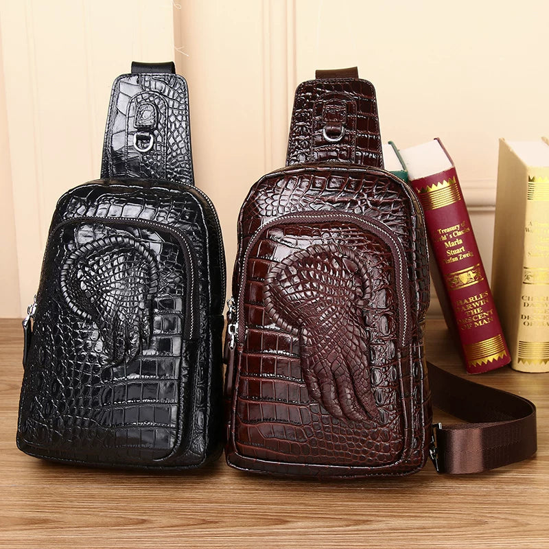 New Arrival Croc-Effect Genuine Leather Chest Bag for Men, A Multi-Functional Crossbody Shoulder Business Bag with Trendy Claw Design, Perfect for Travel & Daily Use