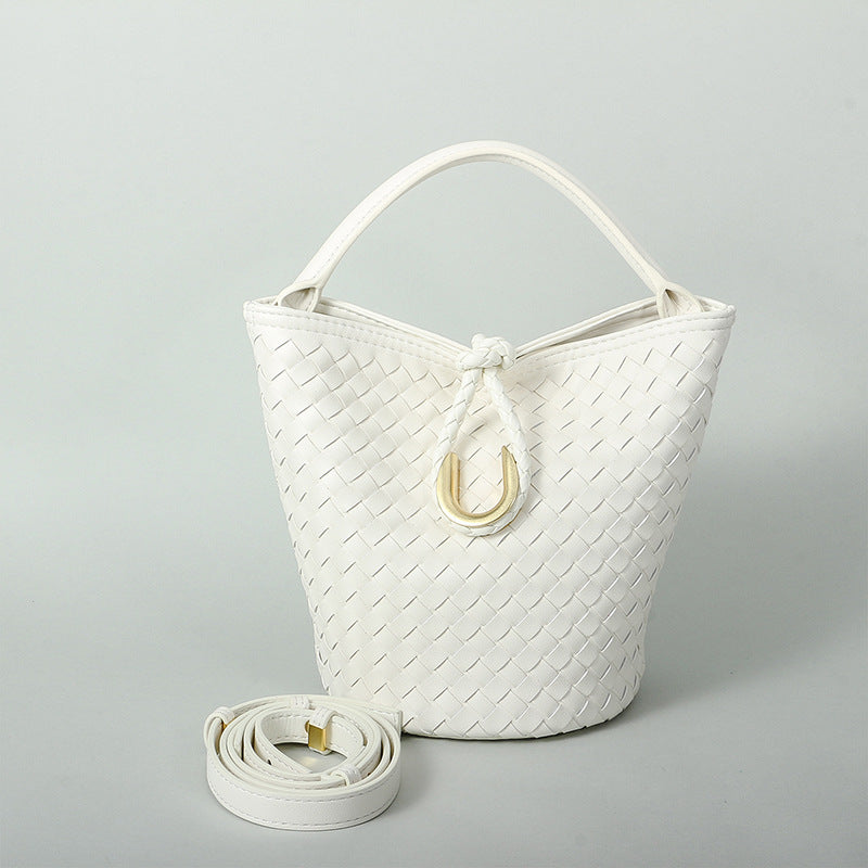 Genuine Cowhide Handwoven Bucket Bag with U-Buckle, New Vintage Shoulder Crossbody Top Handle Purse, Premium Handwoven Handbag for Ladies