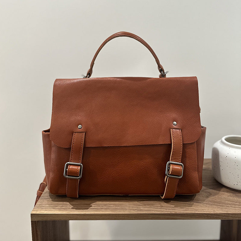 Vegetable-Tanned Leather Backpack for Women, Large Capacity Commute Travel Daypack, Versatile Shoulder Crossbody Top Handle Bag, Casual Everyday Purse for Ladies