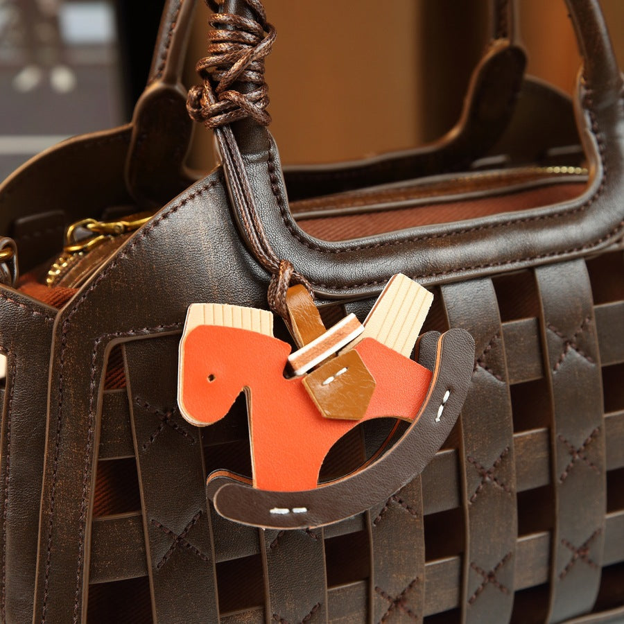 Woven Hollow Small Bucket Bag Set for Women Summer Commuter Purse with Horse Keychain & Detachable Pouch, Exquisite Going-Out Handbag with Artisan Design