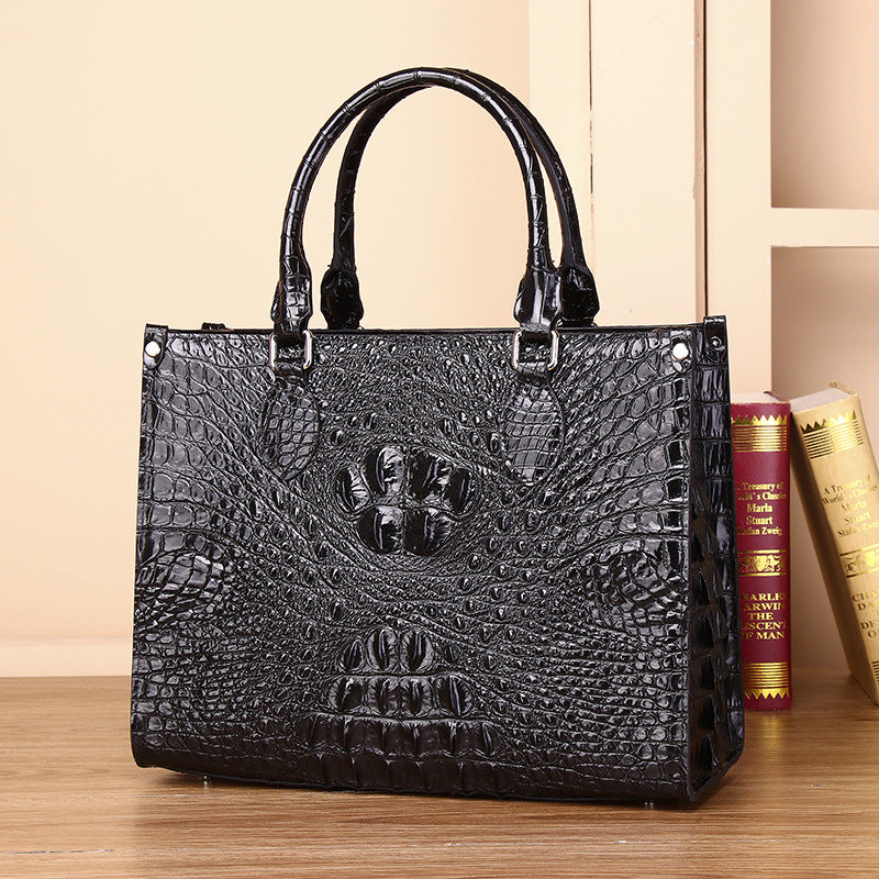 Genuine Leather Couple Tote Bag for Men and Women Large Capacity Laptop Business Shoulder Handbag with Crocodile Embossed Texture