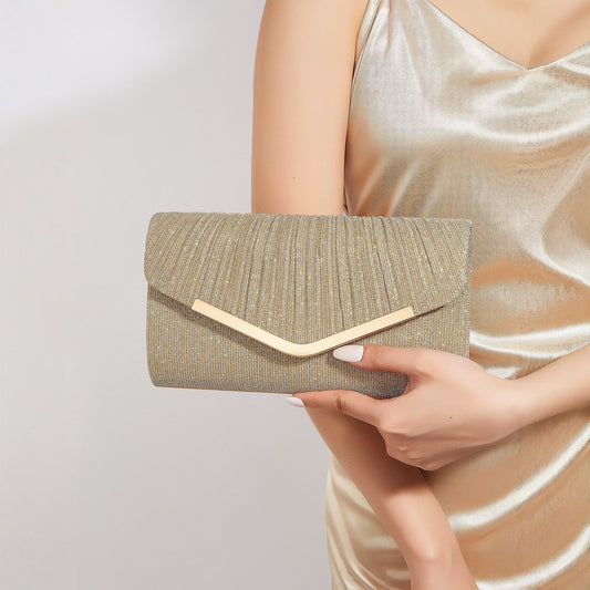 Pleated Sequin Evening Clutch for Women, New Metal Trim Party Purse, Elegant Formal Gown Handbag for Weddings and Parties for Ladies
