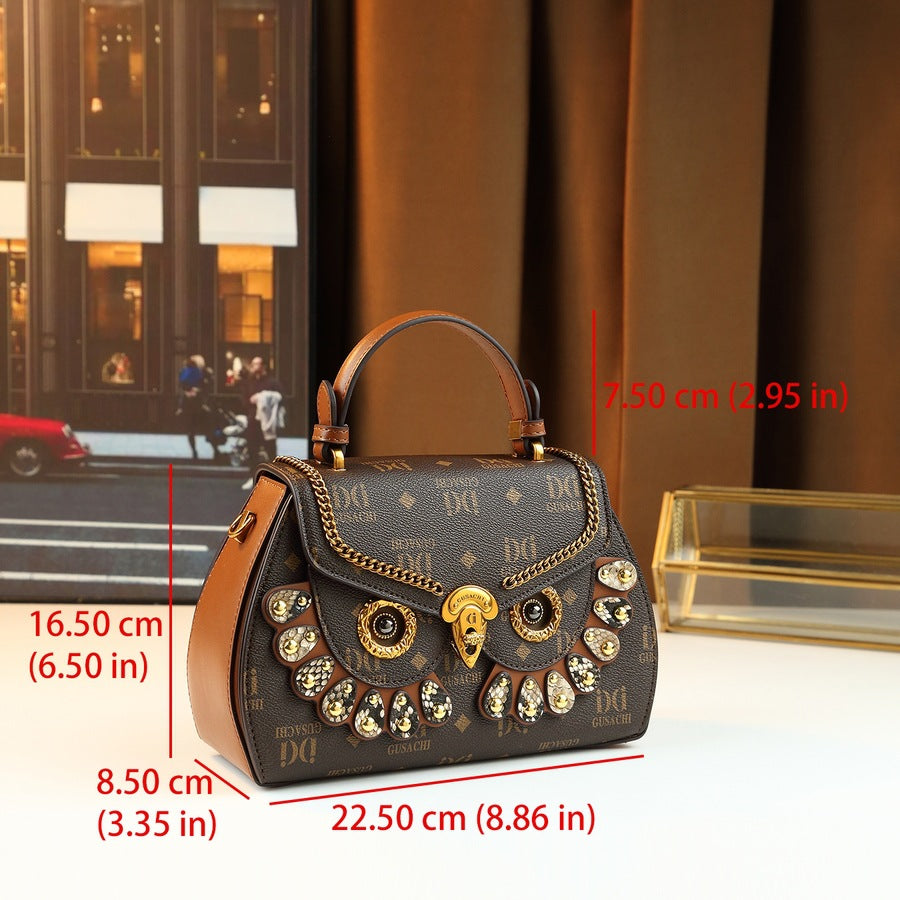 New Arrival Starry Owl Letter Print Bag for Women, A Light Luxury Vintage Top-Handle Shoulder Crossbody Handbag with High-Textured Design