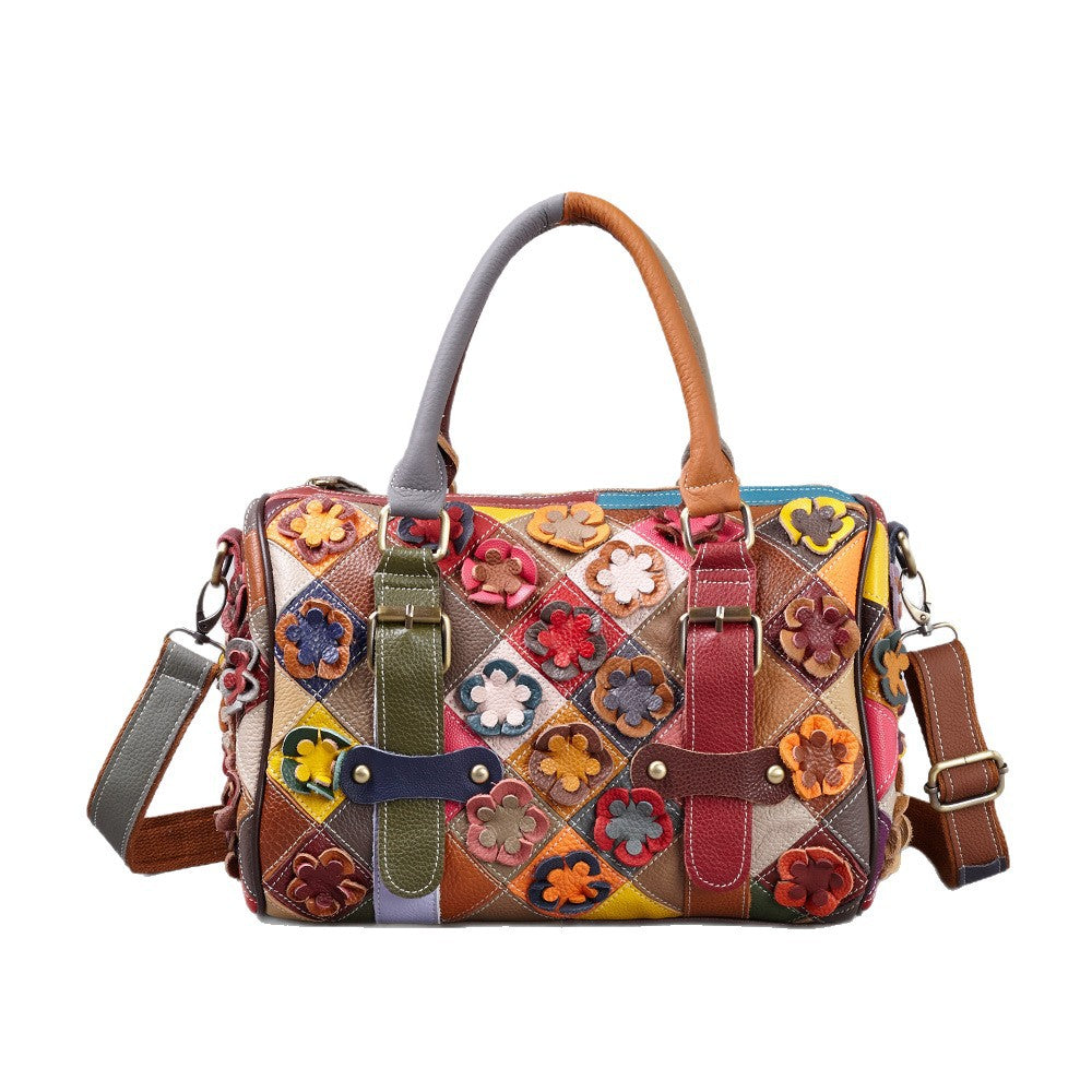 Genuine Leather Vintage Multicolor Color Block Floral Patchwork Handbag for Women, European Style Handmade Shoulder Crossbody Top Handle Purse, Designer Bag for Ladies