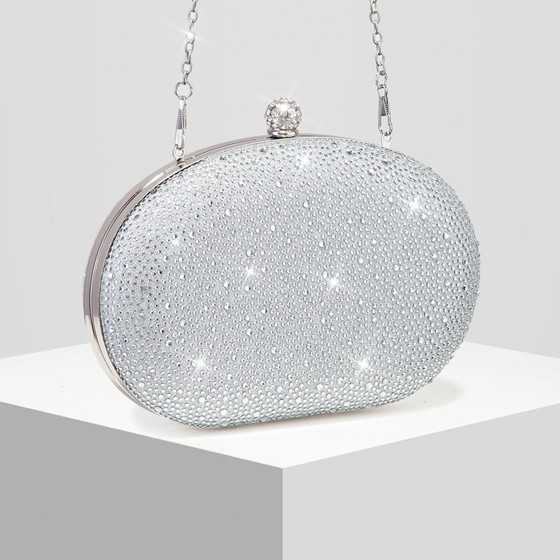 Rhinestone Oval Evening Clutch for Women, New Sparkly Formal Gown Chain Bag, Elegant Wedding Banquet Purse for Ladies