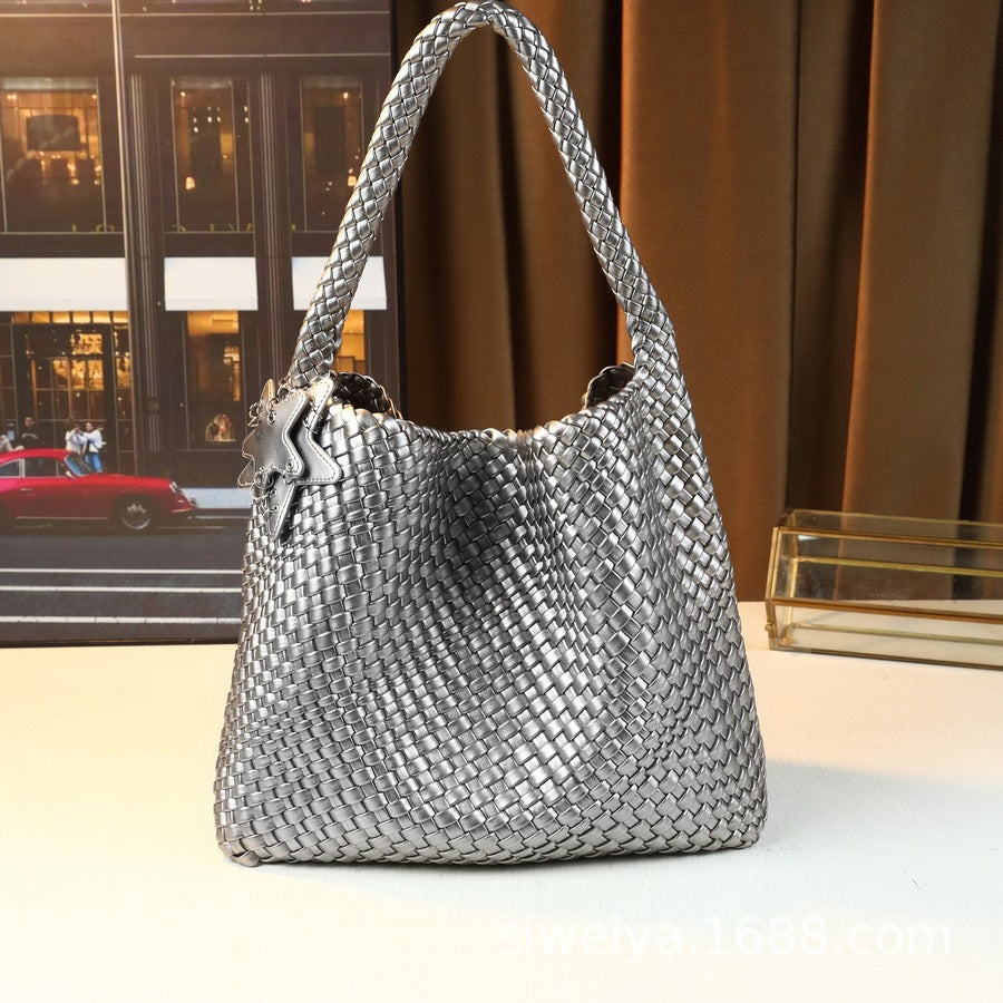 Woven Tote Bag for Women with Star Charm, Large Capacity Casual Commuter Shoulder Handbag, Trendy Purse with Playful Star Accent