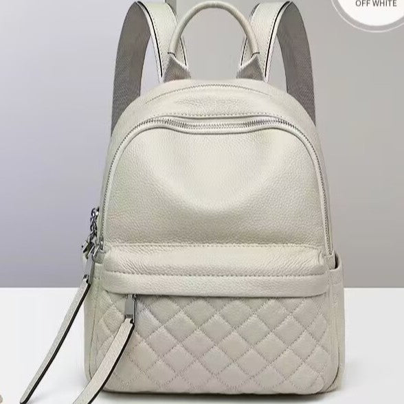 Genuine Top Layer Pebbled Cowhide Backpack for Women, New Diamond Quilted Stitching Large Capacity Commute Daypack, Off-White Casual Travel Bag for Ladies