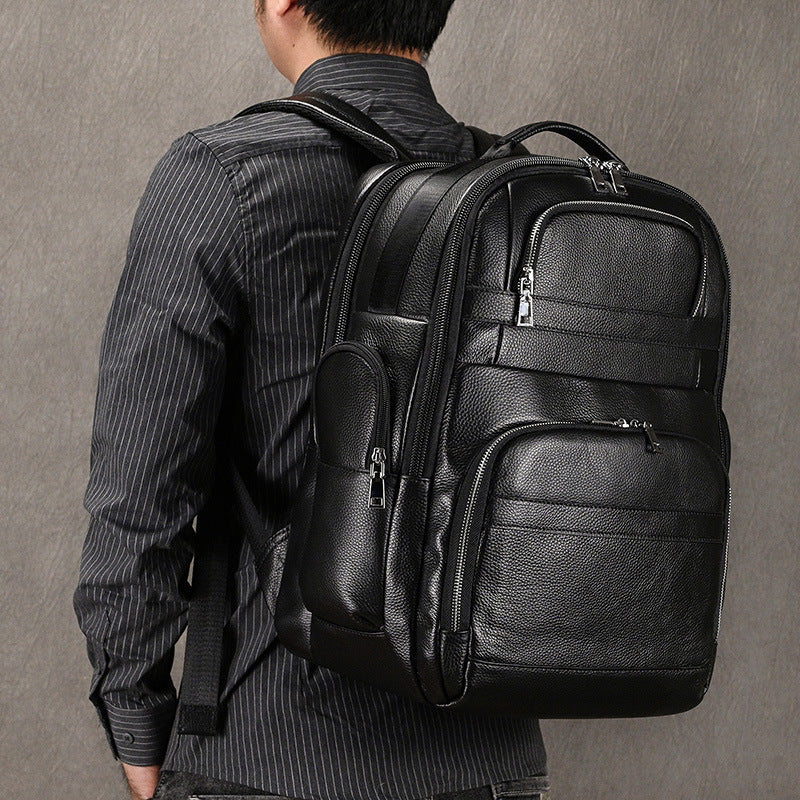New Black Genuine Leather Large Capacity Travel Backpack, Business Trip Daypack, Premium Storage Bag for Men
