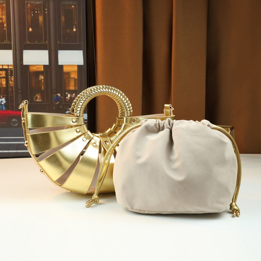 Fan-Shaped Shell Bag for Women Hollow Woven Sub-Bag Handbag, Trendy Shoulder Crossbody Purse with Unique Floral-Inspired Design