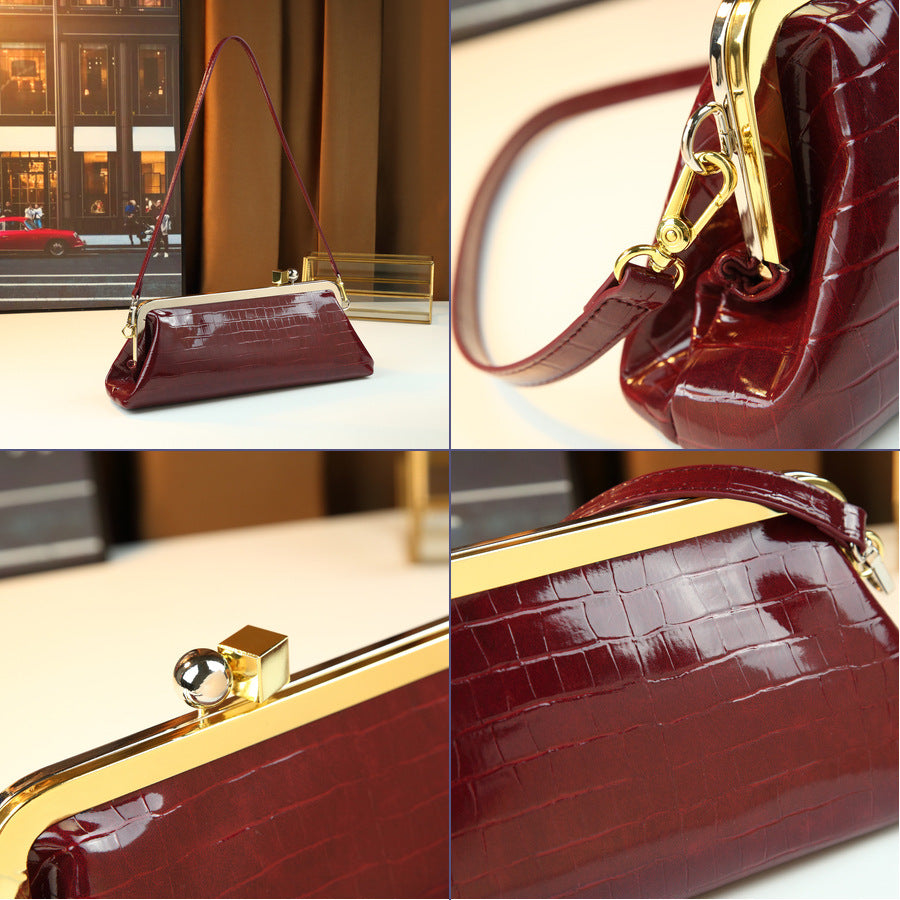 French Stone Grain Baguette Bag for Women Metal Clip Evening Shoulder Handbag, Large Capacity High-Fashion Purse with Elegant Texture