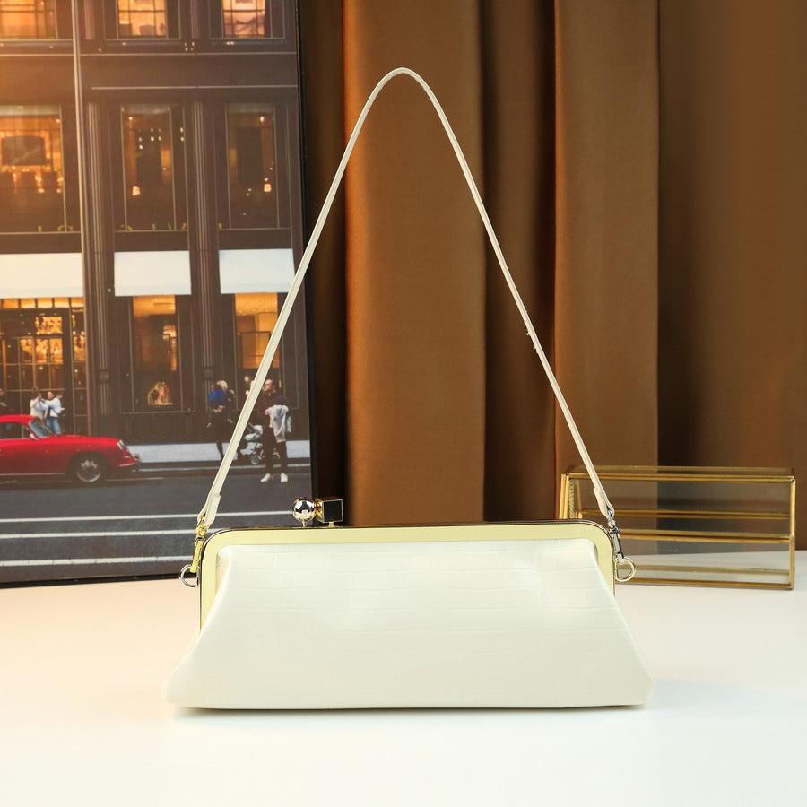 French Stone Grain Baguette Bag for Women Metal Clip Evening Shoulder Handbag, Large Capacity High-Fashion Purse with Elegant Texture