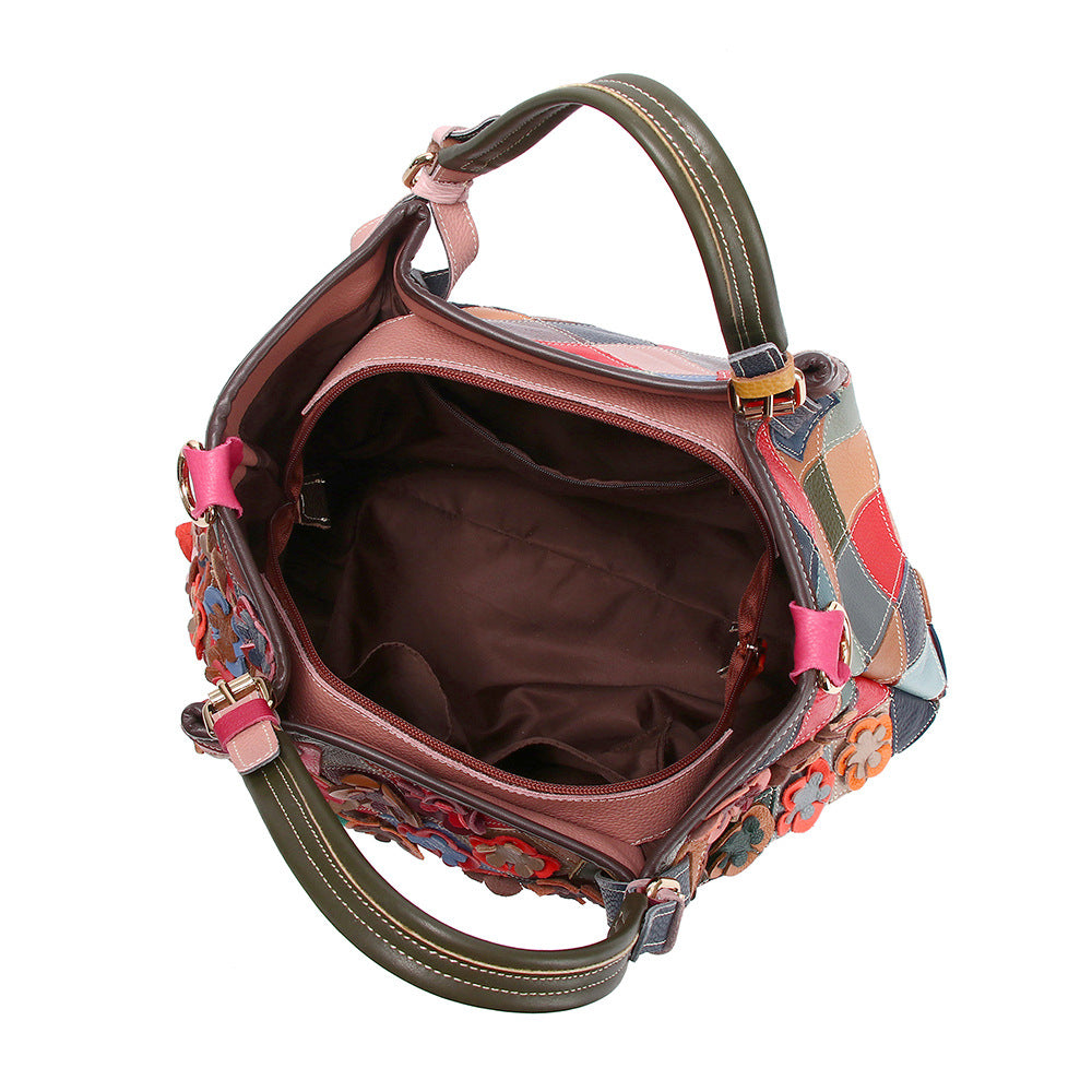 Genuine Top Layer Cowhide Colorful Floral Patchwork Handbag for Women, New Arrival Handmade Plaid Crossbody Shoulder Purse, Designer Leather Bag for Ladies