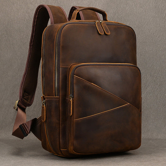 15-Inch Vintage Crazy Horse Leather Backpack, Work Commute Laptop Daypack, Casual Cowhide Travel Bag for Men