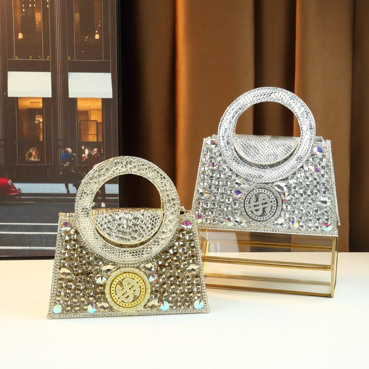 Dollar Rhinestone Evening Bag for Women Full Crystal Embellished Party Handbag, Premium Sparkling Purse with Glamorous Design