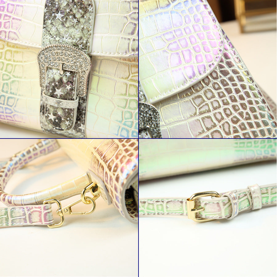 Chic Iridescent Croc-Effect Small Square Bag for Women, A Fashionable Top-Handle Evening Shoulder Crossbody Handbag with Eye-Catching Shimmering Design, Versatile Party Purse