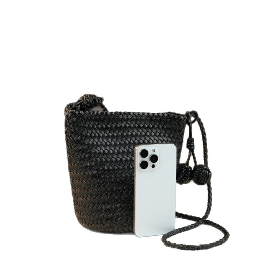 Handwoven Bucket Basket Bag for Women Casual Shoulder Crossbody Handbag, Minimalist Purse with Natural Woven Texture