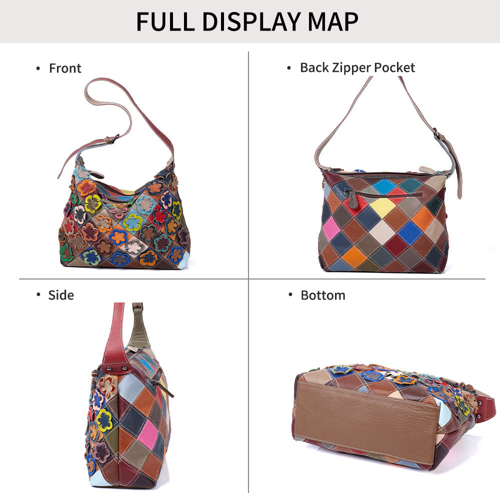 Premium Handcrafted Floral Color-Block Quilted Leather Bag for Women | New Genuine Cowhide Shoulder Purse with Unique Artistic Floral Patchwork Design | Casual Chic Everyday Handbag with Bohemian Flair | Trendy Statement Accessory for the Style-Consc
