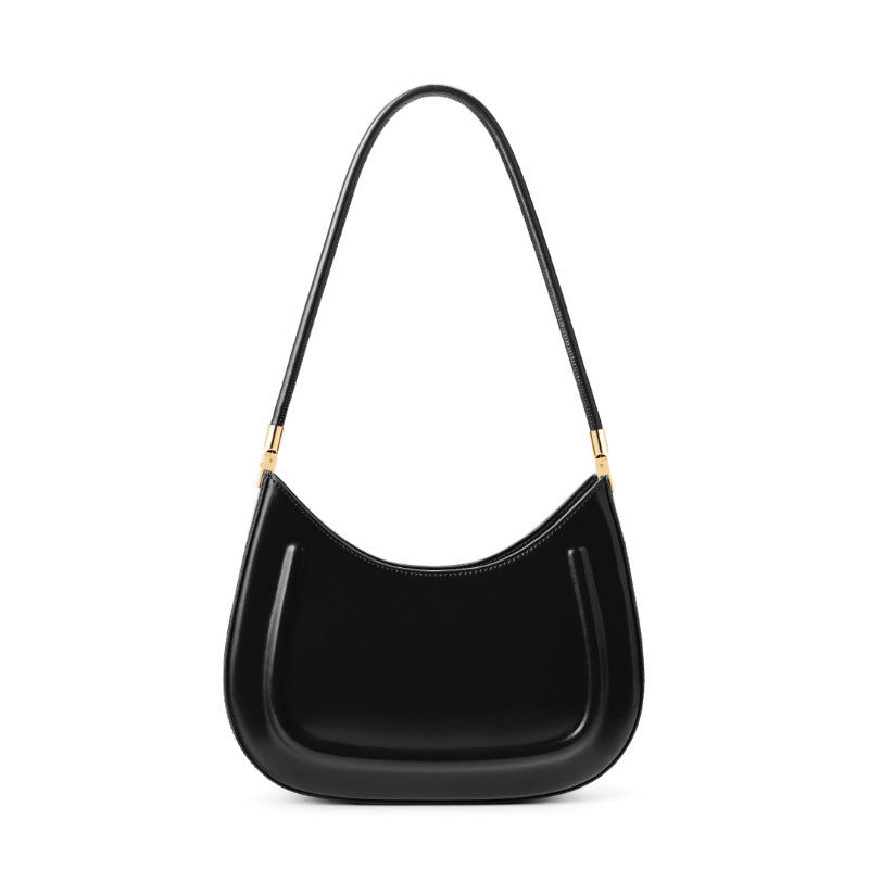 Genuine Black Cowhide Saddle Bag for Women, New Niche Baguette Shoulder Crossbody Top Handle Purse, Premium Commute Underarm Handbag for Ladies