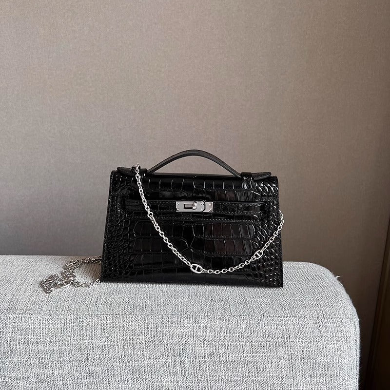 New Spring/Summer Kelly-Inspired Croc-Effect Genuine Leather Mini Bag for Women, A Versatile Chain Shoulder Top-Handle Handbag Perfect for Everyday Style