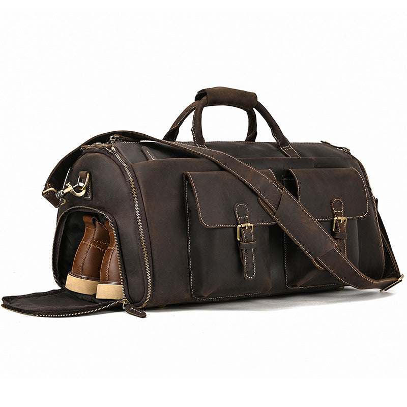 Genuine Leather Foldable Suit Travel Duffle, Multifunctional Garment Bag with Wet-Dry Compartments, Perfect Gym Weekender for Men and Women