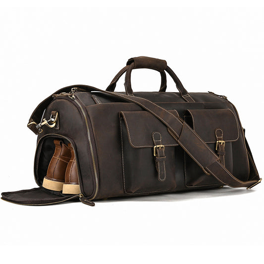 Genuine Leather Foldable Suit Travel Duffle, Multifunctional Garment Bag with Wet-Dry Compartments, Perfect Gym Weekender for Men and Women