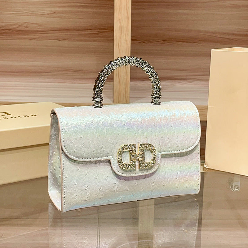 Premium Rhinestone Ostrich-Embossed Genuine Leather Bag, Fashionable Shoulder Crossbody Top Handle Purse, Chic Handbag for Women