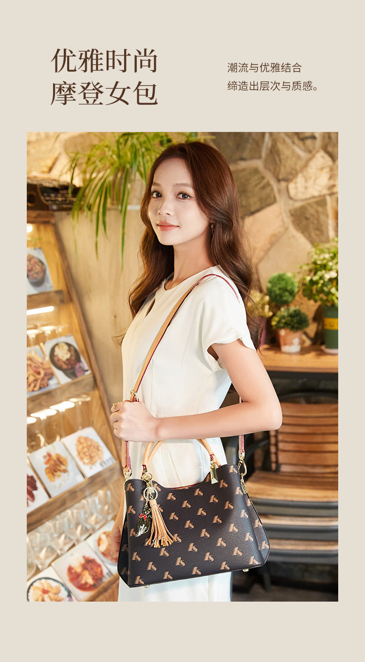 Women's Light Luxury Genuine Leather Tote Bag, Elegant Printed Handbag for Middle-Aged Ladies, Mom's Everyday Carryall