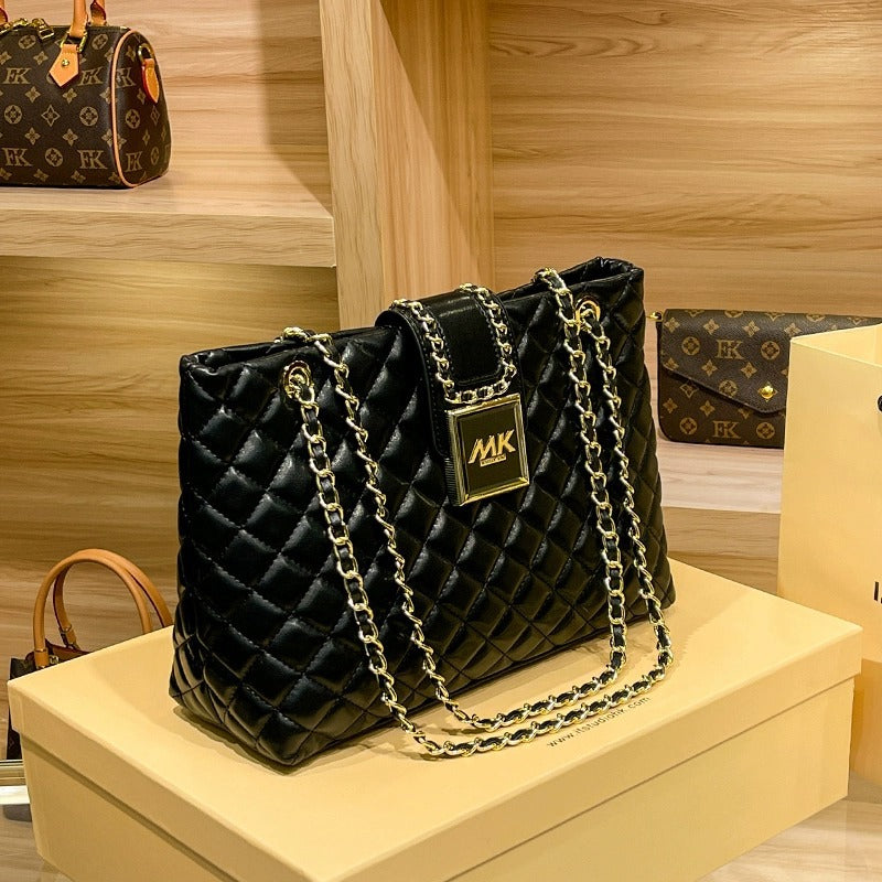 Genuine Leather Diamond Quilted Chain Tote Bag for Women, New Large Capacity Shoulder Handbag, Versatile Everyday Purse for Ladies