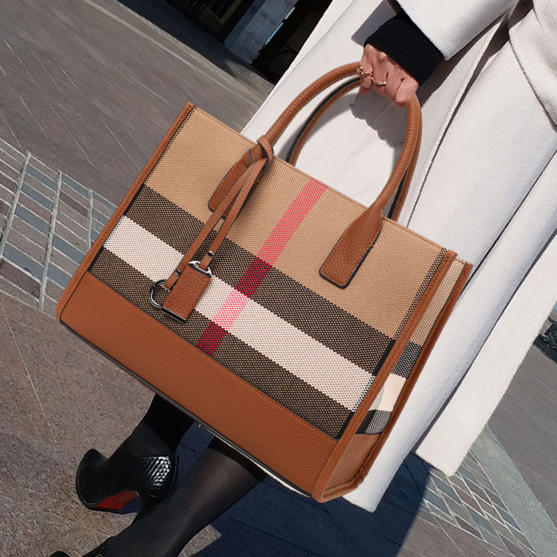 New Premium Leather Trim Plaid Tote Bag, Large Capacity Casual Shoulder Handbag, Fashionable Everyday Purse for Women
